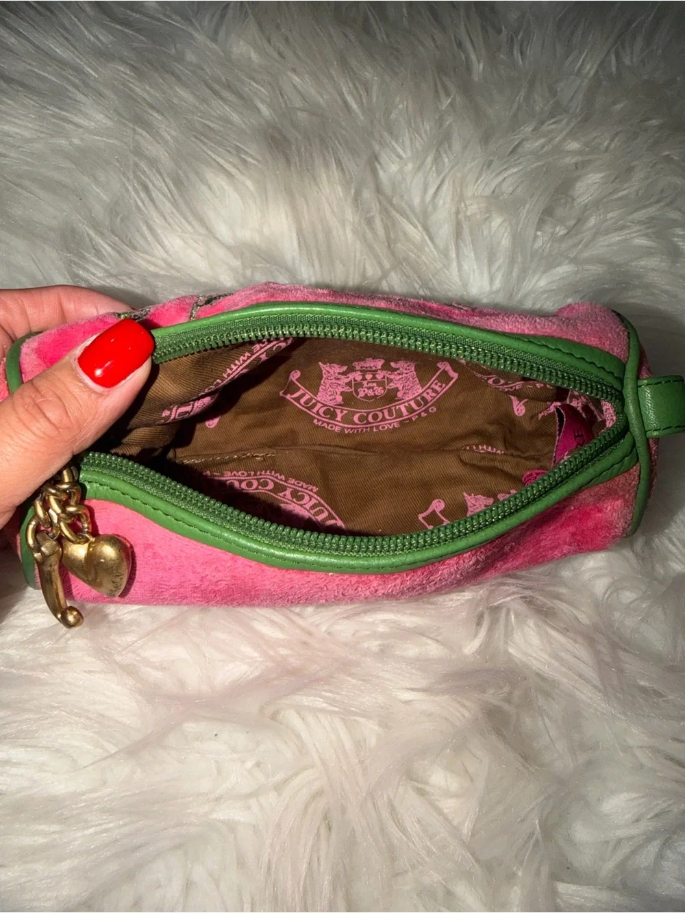 Y2K Juicy Couture Watermelon Velvet Logo Pouch & Gold Charm